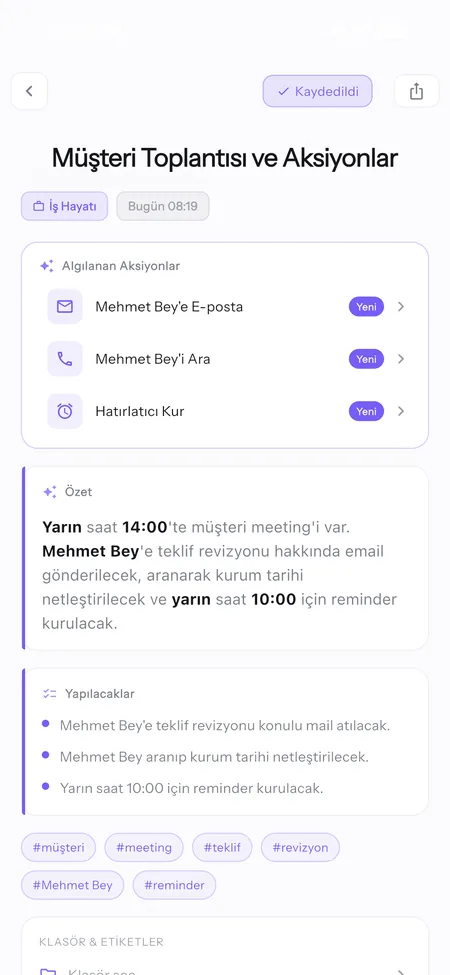 Not detayı: algılanan aksiyonlar, özet ve yapılacaklar
