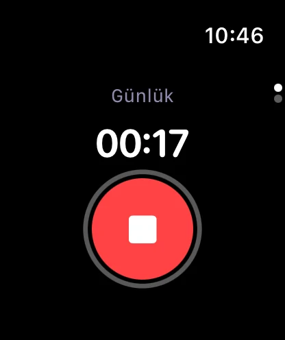 Apple Watch kayıt ekranı: Günlük alanı, 00:17 süre sayacı ve durdurma düğmesi